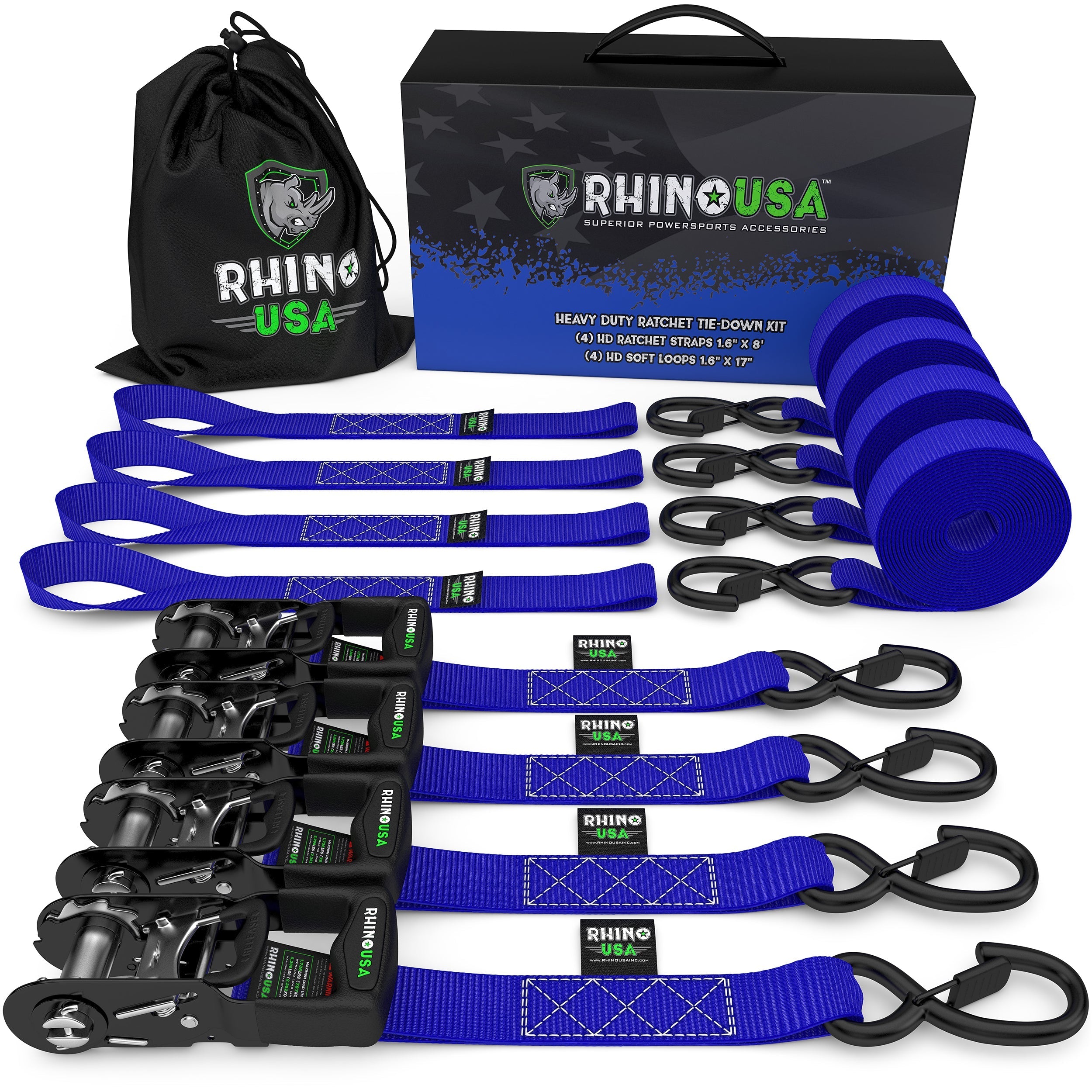 1.6" x 8' HD Ratchet Tie-Down Set (4-Pack) Tie-Down Straps Rhino USA, Inc. 